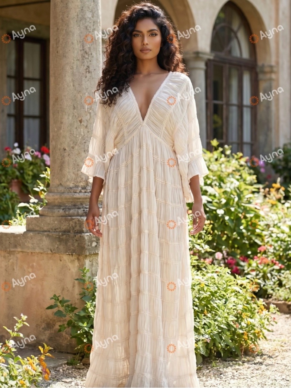 Ayna Cream V-Neck Tiered Maxi Dress sz xl-2xl